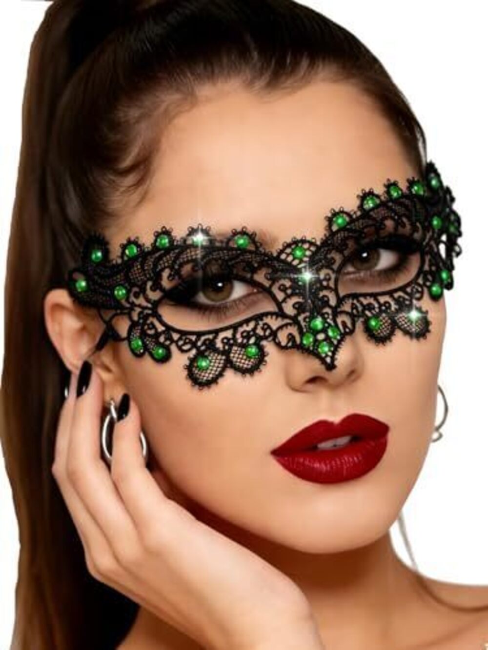 2079 Black Masquerade Mask Rhinestone Lace Mask Costume Party Green